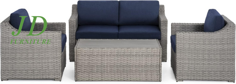 4-Piece Modern Rectangular Patio Conversation Set – Blue Outdoor Sectional, All-Weather Furniture Set for 4