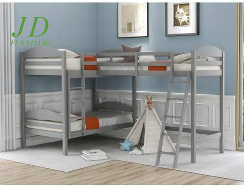 Twin Loft Bed for Kids, Wood Loft Bed L-Shaped Corner Bunk Bed Frame 3 Bed Bunk Loft Bed with Full Guardrails and Flat Ladder (Grey)
