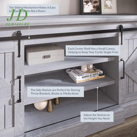 Modern 60 Inch Farmhouse TV Stand, Entertainment Center for Tvs up to 65 Inch, Storage Cabinet with Adjustable Shelves and Barn Doors - Ashford (Stone Grey)