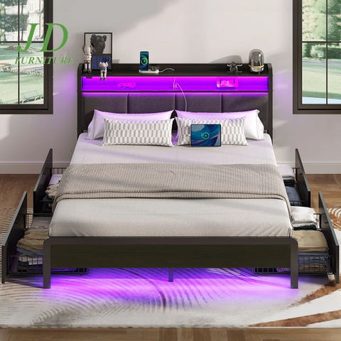 Franzi Bed with Storage Headboard – Bed Frame with 4 Drawers, Charging Station & RGB LED Lights