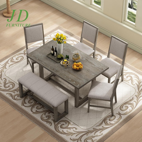6-Piece Retro Dining Table Set – Rectangular Table with Trestle Base, 4 Upholstered Chairs & 1 Bench, Gray for Dining Room/Kitchen