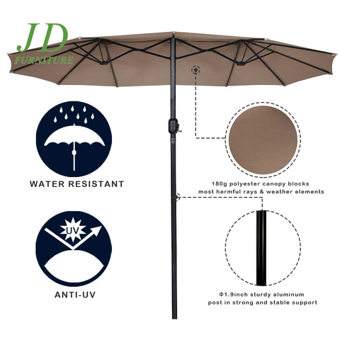 15ft Double-Sided Market Umbrella – Twin Patio Umbrella with Crank, Tan Outdoor Shade