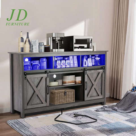 4 Layer Farmhouse Coffee Bar Cabinet with Power Outlet & LED Light, 57" Double Barn Door Buffet Sideboard Kitchen Storage with Adjustable Shelves(Grey)