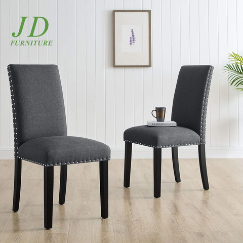 Set of 2 Upholstered Fabric Dining Chairs – High Back with Nailhead Trim, Parsons Style Side Chairs for Kitchen & Dining Room, Dark Grey
