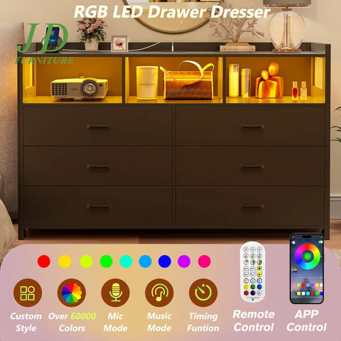 6-Drawer LED Dresser for Bedroom – Modern Black Wood Dresser with Built-In Power Outlets