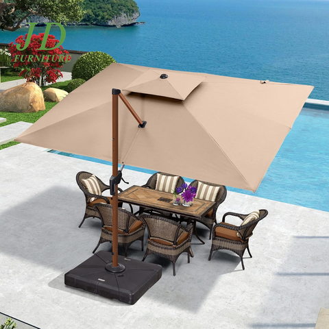 9' x 12' Double Top Deluxe Patio Umbrella – Wood Pattern, Offset Hanging Outdoor Market Umbrella, Beige