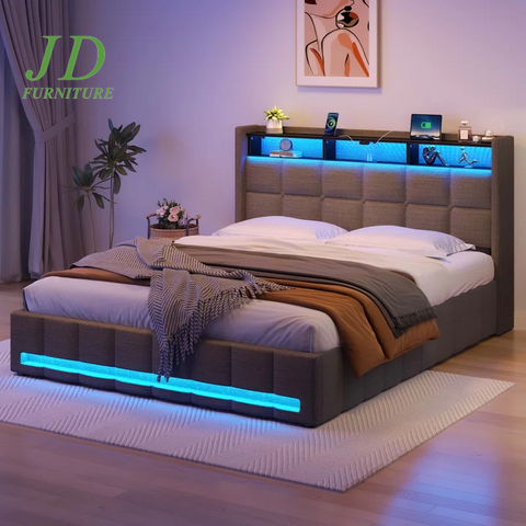 Jilissa Upholstered Lift-Up Storage Bed – Bookcase, Charging Station & RGB LED Lights