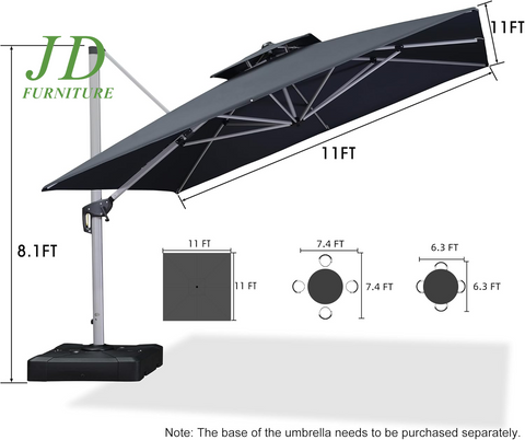 11' Double Top Deluxe Square Patio Umbrella – Offset Hanging Cantilever Market Umbrella for Garden, Grey