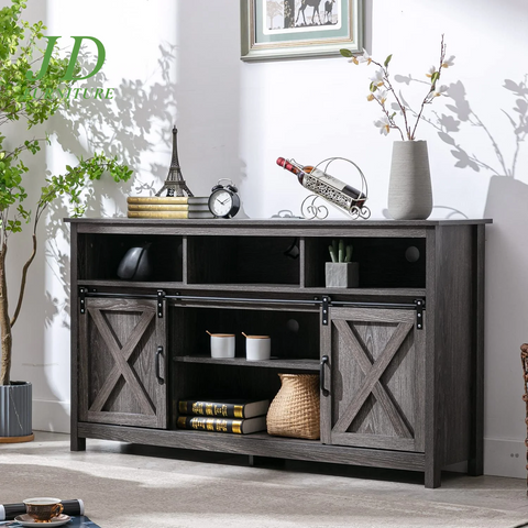 4 Layer Farmhouse Coffee Bar Cabinet with Power Outlet & LED Light, 57" Double Barn Door Buffet Sideboard Kitchen Storage with Adjustable Shelves(Grey)