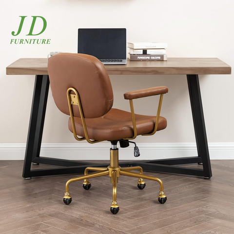 Brown Leather Office Chair – Mid Century Modern Rolling Desk Chair with Gold Base, Comfortable Task Chair for Women, Executive Home Office
