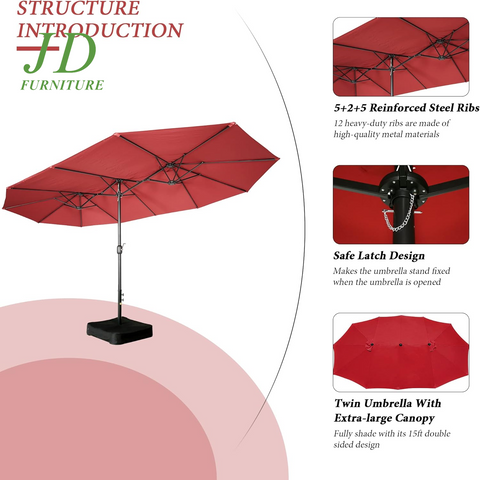 15-Ft Double-Sided Patio Umbrella – Outdoor Market Umbrella with Crank, Base Included, Red