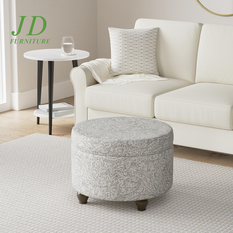 Upholstered Round Storage Ottoman – Gray Floral Footrest for Living Room & Bedroom Decor