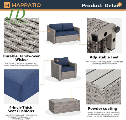4-Piece Modern Rectangular Patio Conversation Set – Blue Outdoor Sectional, All-Weather Furniture Set for 4