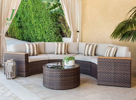 5-Piece Patio Sectional Furniture Set – Half-Moon Brown Wicker Curved Outdoor Sofa with Beige Cushions & Glass Coffee Table, Beige