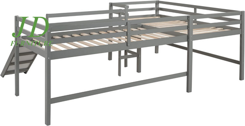 Twin Loft Bed with Slide for Kids – L-Shaped Wood Corner Bed Frame, Ladders & Guardrails, Grey