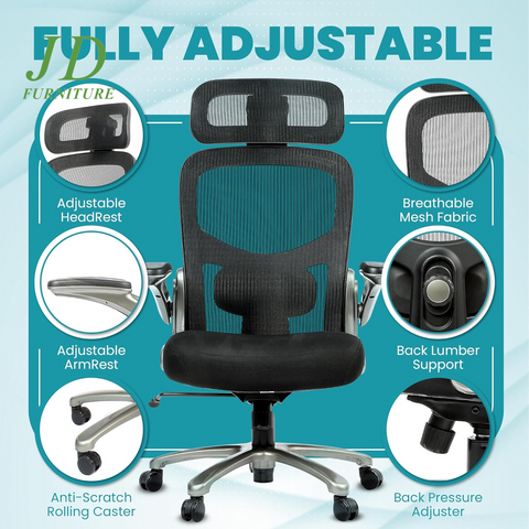 Officefactor Big and Tall Office Chair – 500 lbs Rated, High Back Ergonomic Chair with Flip-Up Arms, Adjustable Lumbar Support & Headrest, Mesh Back, Black