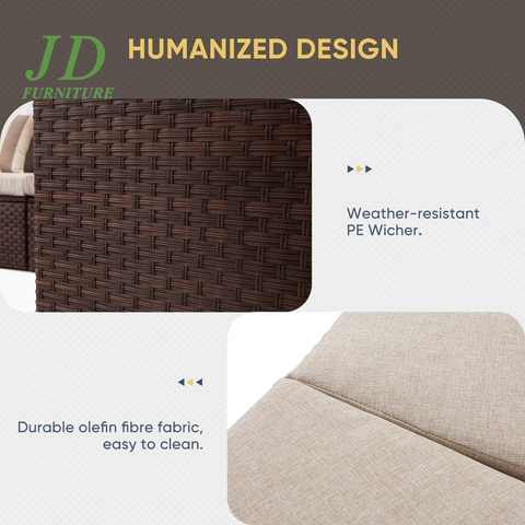 5-Piece Patio Sectional Furniture Set – Half-Moon Brown Wicker Curved Outdoor Sofa with Beige Cushions & Glass Coffee Table, Beige