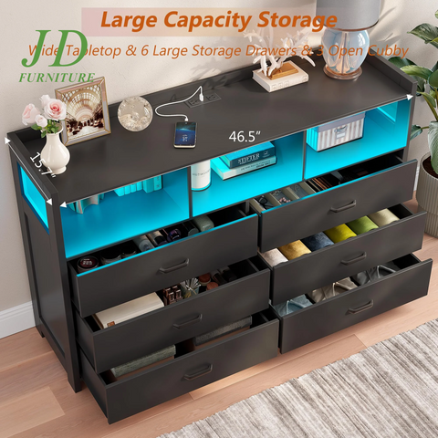 6-Drawer LED Dresser for Bedroom – Modern Black Wood Dresser with Built-In Power Outlets