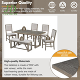6-Piece Retro Dining Table Set – Rectangular Table with Trestle Base, 4 Upholstered Chairs & 1 Bench, Gray for Dining Room/Kitchen