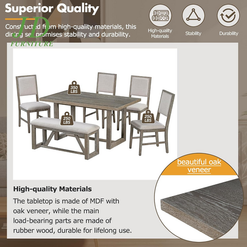 6-Piece Retro Dining Table Set – Rectangular Table with Trestle Base, 4 Upholstered Chairs & 1 Bench, Gray for Dining Room/Kitchen