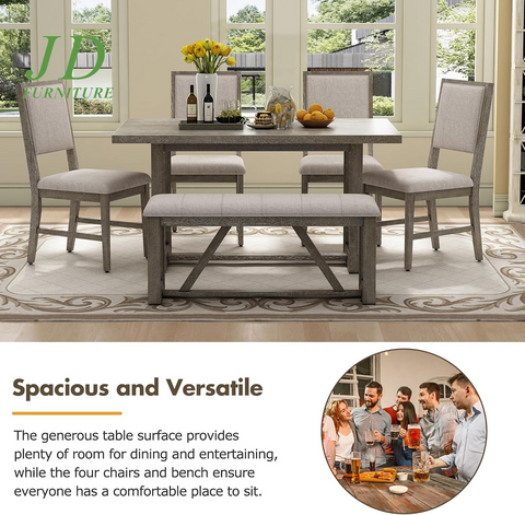 6-Piece Retro Dining Table Set – Rectangular Table with Trestle Base, 4 Upholstered Chairs & 1 Bench, Gray for Dining Room/Kitchen
