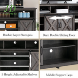 4 Layer Farmhouse Coffee Bar Cabinet with Power Outlet & LED Light, 57" Double Barn Door Buffet Sideboard Kitchen Storage with Adjustable Shelves(Grey)