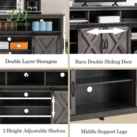 4 Layer Farmhouse Coffee Bar Cabinet with Power Outlet & LED Light, 57" Double Barn Door Buffet Sideboard Kitchen Storage with Adjustable Shelves(Grey)