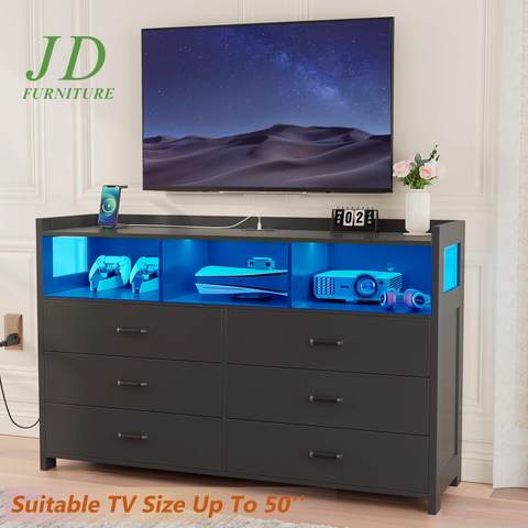 6-Drawer LED Dresser for Bedroom – Modern Black Wood Dresser with Built-In Power Outlets