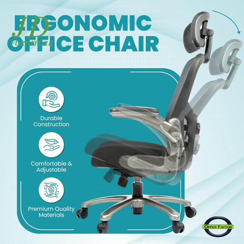 Officefactor Big and Tall Office Chair – 500 lbs Rated, High Back Ergonomic Chair with Flip-Up Arms, Adjustable Lumbar Support & Headrest, Mesh Back, Black