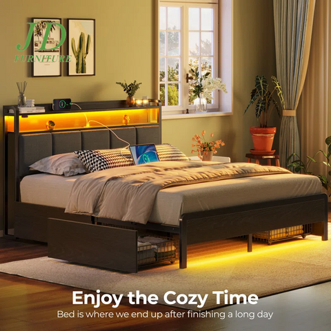 Franzi Bed with Storage Headboard – Bed Frame with 4 Drawers, Charging Station & RGB LED Lights