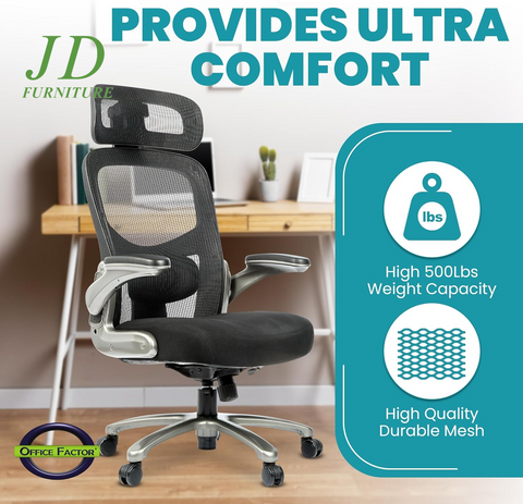 Officefactor Big and Tall Office Chair – 500 lbs Rated, High Back Ergonomic Chair with Flip-Up Arms, Adjustable Lumbar Support & Headrest, Mesh Back, Black