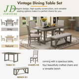 6-Piece Retro Dining Table Set – Rectangular Table with Trestle Base, 4 Upholstered Chairs & 1 Bench, Gray for Dining Room/Kitchen