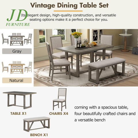 6-Piece Retro Dining Table Set – Rectangular Table with Trestle Base, 4 Upholstered Chairs & 1 Bench, Gray for Dining Room/Kitchen