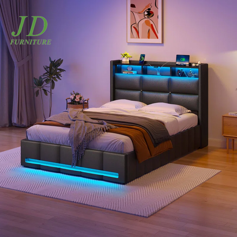 Jilissa Upholstered Lift-Up Storage Bed – Bookcase, Charging Station & RGB LED Lights