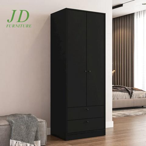 Denmark Modern 2-Door Bedroom Armoire – Black Storage Cabinet with 2 Drawers