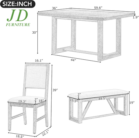6-Piece Retro Dining Table Set – Rectangular Table with Trestle Base, 4 Upholstered Chairs & 1 Bench, Gray for Dining Room/Kitchen