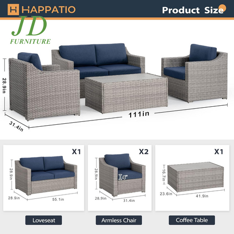 4-Piece Modern Rectangular Patio Conversation Set – Blue Outdoor Sectional, All-Weather Furniture Set for 4