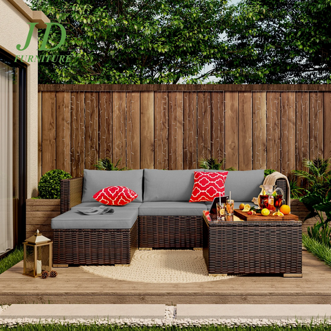 5-Piece PE Rattan Patio Furniture Set, Outdoor Sectional Sofa with Cushion, Gray