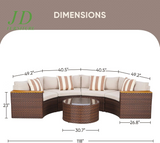 5-Piece Patio Sectional Furniture Set – Half-Moon Brown Wicker Curved Outdoor Sofa with Beige Cushions & Glass Coffee Table, Beige