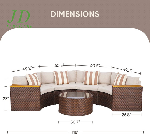 5-Piece Patio Sectional Furniture Set – Half-Moon Brown Wicker Curved Outdoor Sofa with Beige Cushions & Glass Coffee Table, Beige
