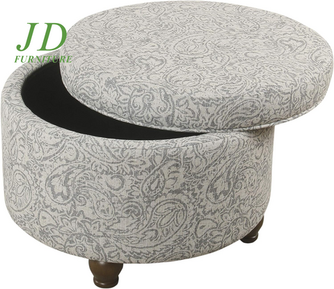 Upholstered Round Storage Ottoman – Gray Floral Footrest for Living Room & Bedroom Decor