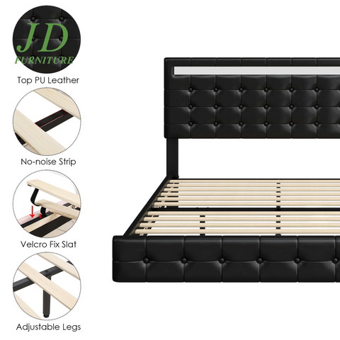 Full Size Floating LED Platform Bed Frame – Black PU Leather, Tufted Upholstered Headboard, Underbed Storage