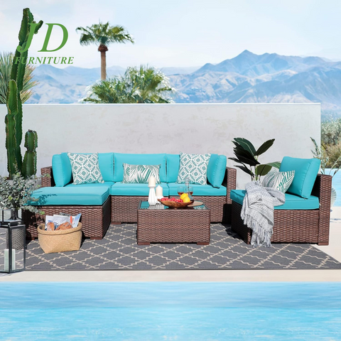 6-Piece Outdoor Patio Sectional Sofa Set Brown Wicker Furniture Set with Turquoise Seat Cushions & Tempered Glass Coffee Table