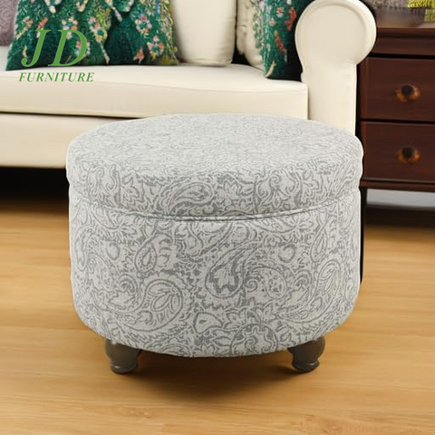 Upholstered Round Storage Ottoman – Gray Floral Footrest for Living Room & Bedroom Decor