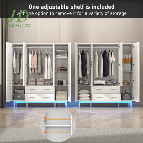 70" Armoire Wardrobe Closet with LED Lights, 4 Door Wardrobe Armoire with 2 Large Drawers, LED Wood Armoire Storage with Hanging Rods and Multi-Layer Shelves(White)