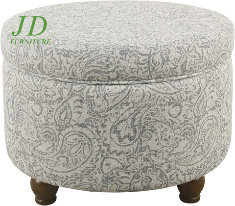 Upholstered Round Storage Ottoman – Gray Floral Footrest for Living Room & Bedroom Decor