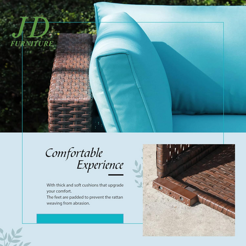 6-Piece Outdoor Patio Sectional Sofa Set Brown Wicker Furniture Set with Turquoise Seat Cushions & Tempered Glass Coffee Table