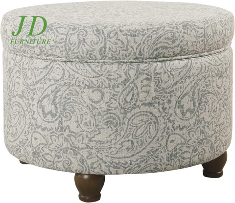 Upholstered Round Storage Ottoman – Gray Floral Footrest for Living Room & Bedroom Decor