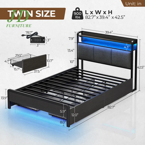Franzi Bed with Storage Headboard – Bed Frame with 4 Drawers, Charging Station & RGB LED Lights
