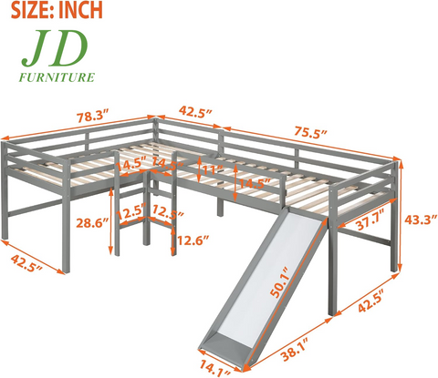 Twin Loft Bed with Slide for Kids – L-Shaped Wood Corner Bed Frame, Ladders & Guardrails, Grey